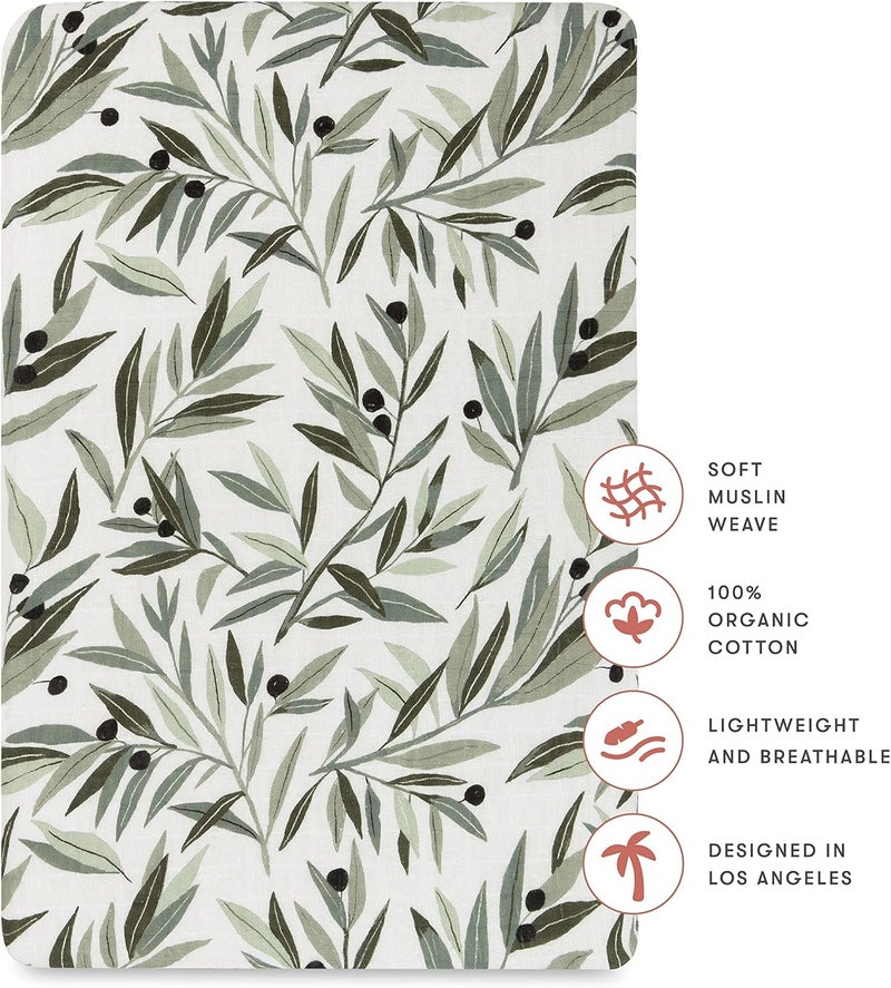 babyletto Muslin Baby Bassinet Sheets for Girls & Boys - GOTS Certified Breathable Organic Cotton Cover, 360° Fitted, Soft & Gentle Rectangle Bedside Bassinet Sheets - Olive Branches - Image 3